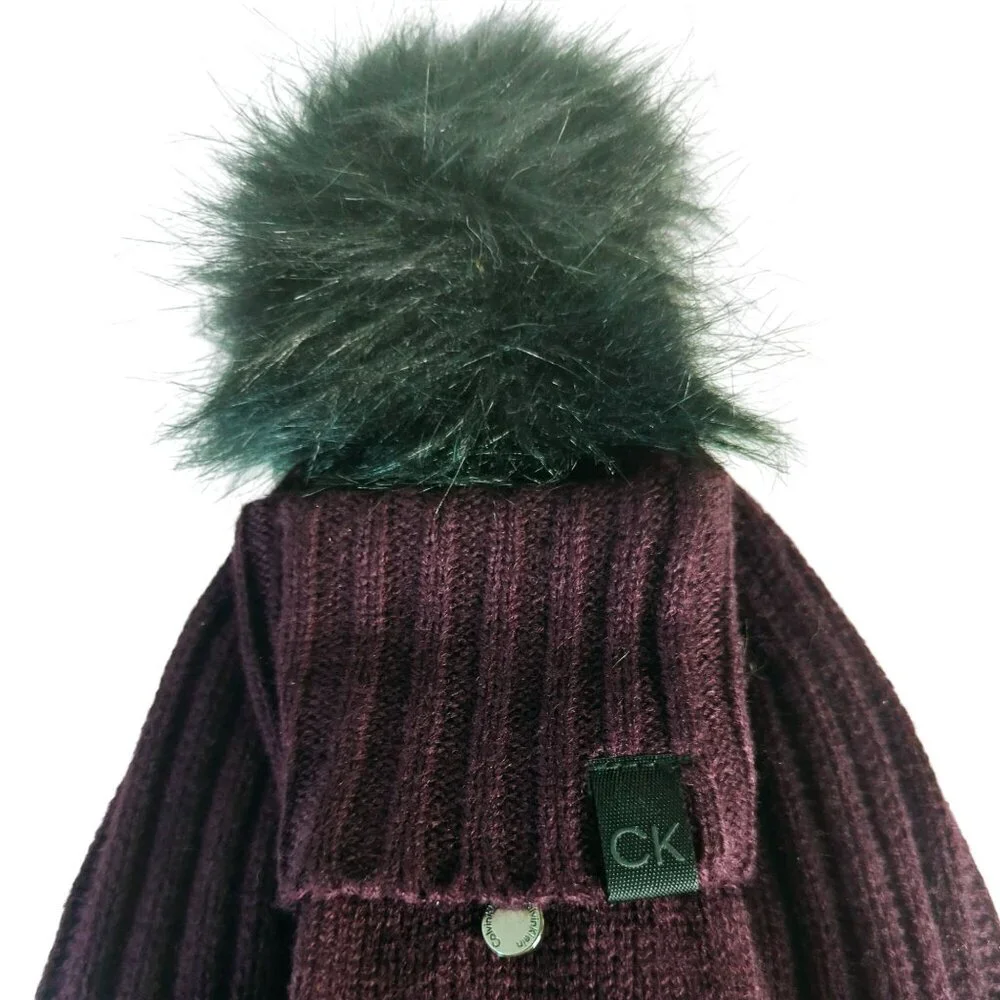 Calvin Klein Faux Fur Pom pom Hat Flip Top Gloves set Aubergine Purple